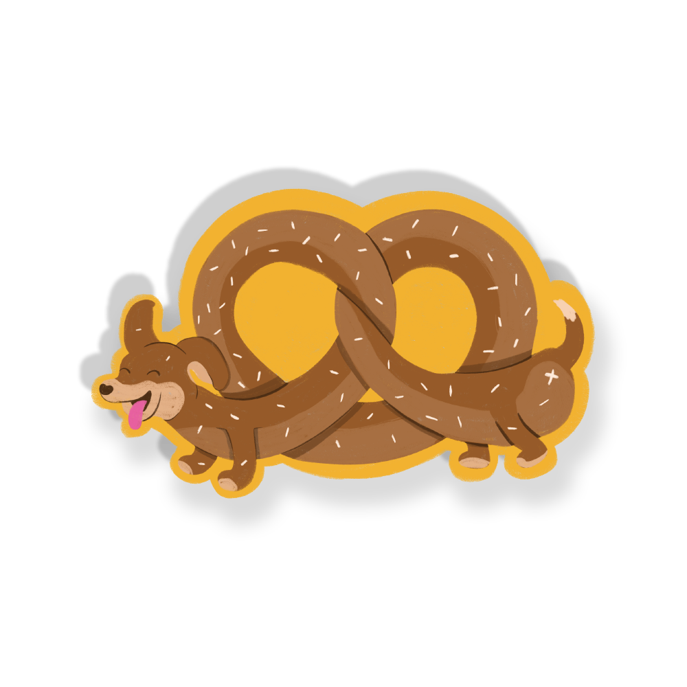 Cartoon dog inside a pretzel shape on a white background