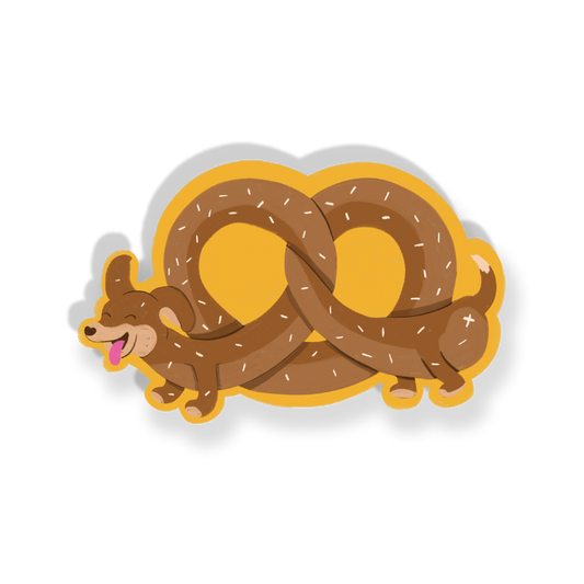 Cartoon dog inside a pretzel shape on a white background