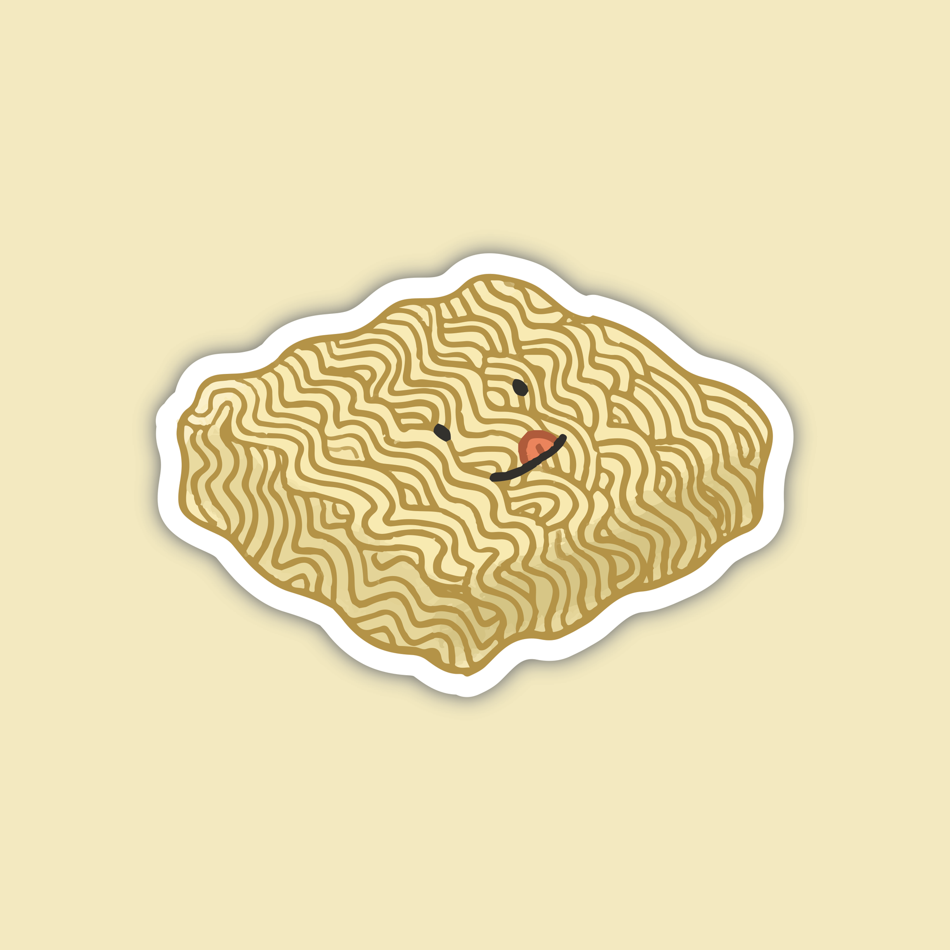 Sticker of a smiley faced block of ramen noodles on a beige background