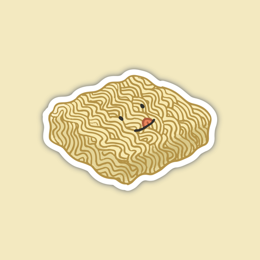 Sticker of a smiley faced block of ramen noodles on a beige background