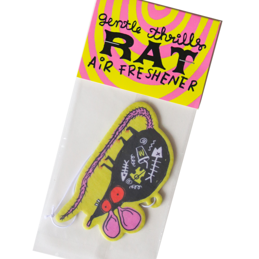 Apple scented car air freshener. Design has a rat whose stomach contents you can see, with food that includes cheese, fish bones and soda 