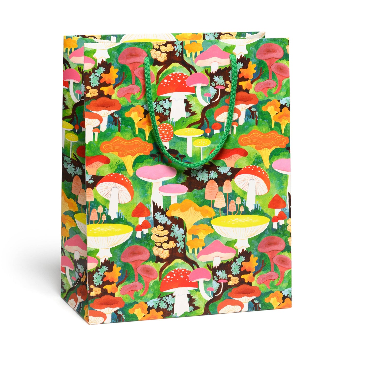 green gift bag with colorful mushrooms all over it and a green, rope handle