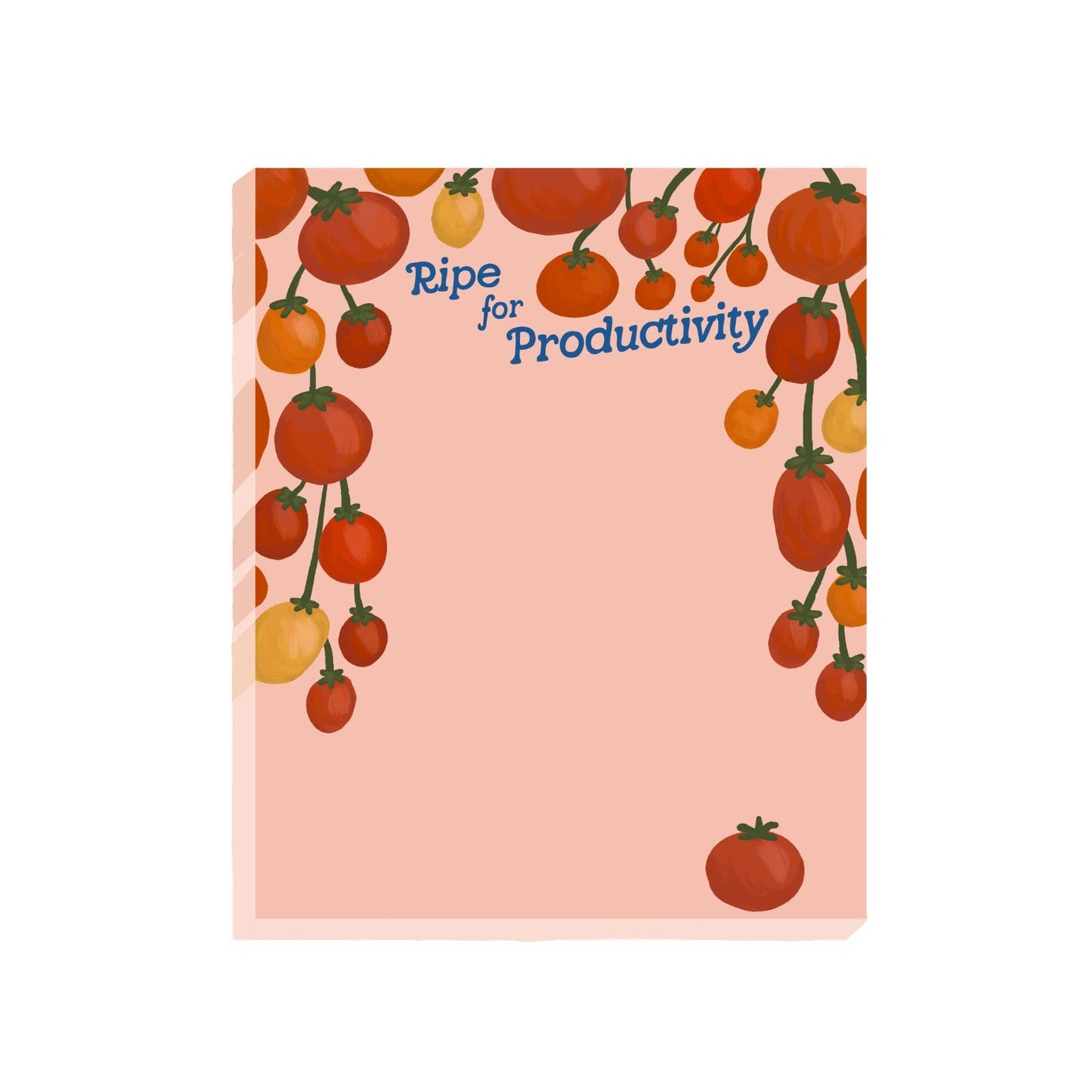 Notepad with tomato design and 'Ripe for Productivity' text on a pink background