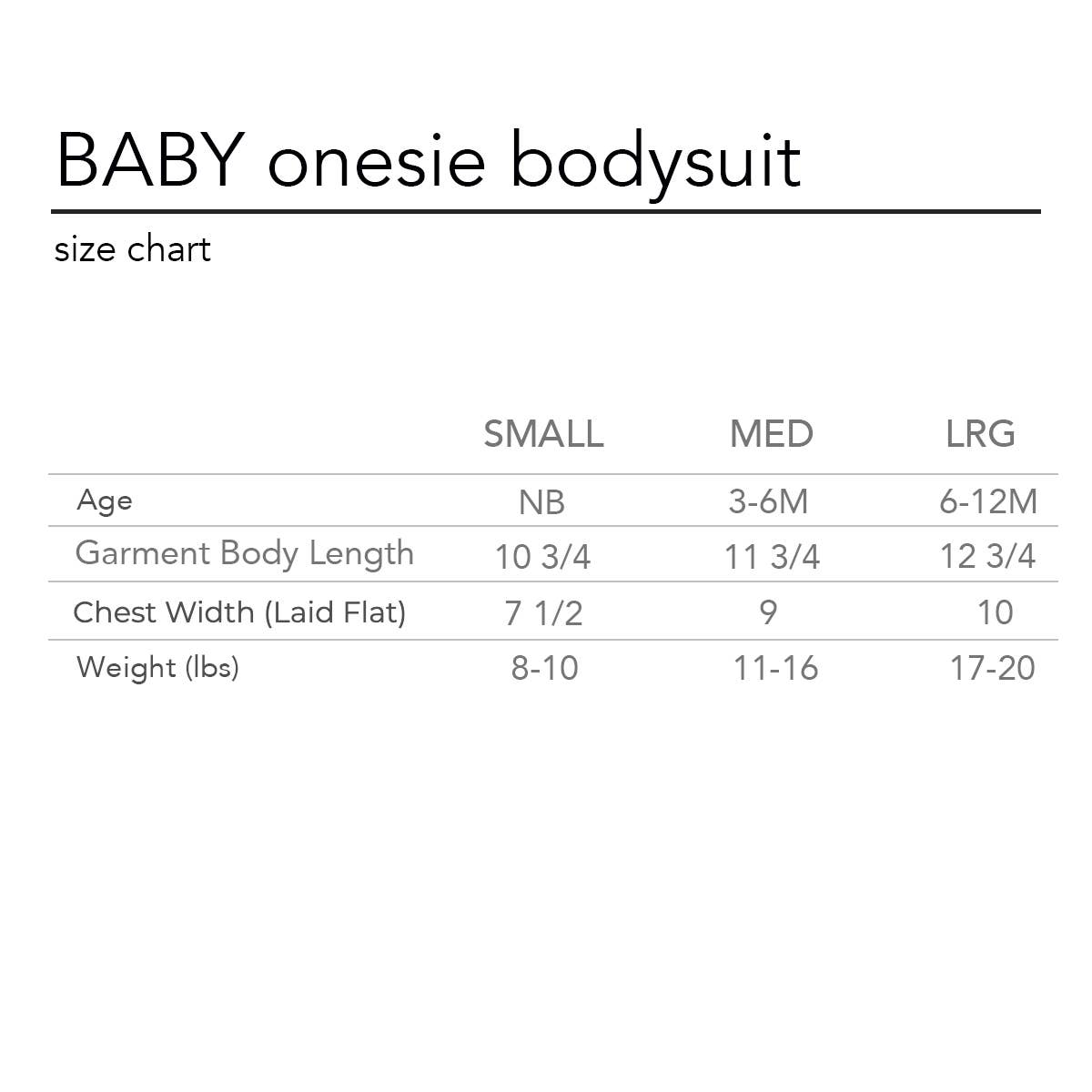 size chart for baby onesies 