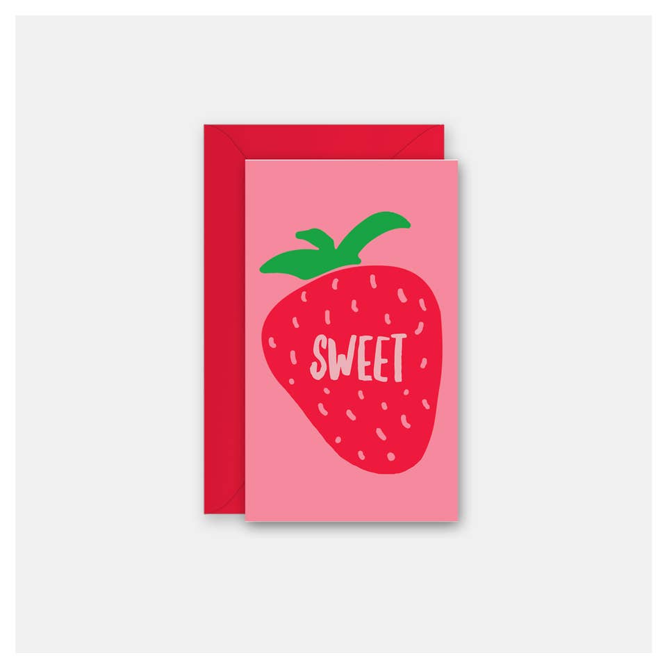 pink mini card with a strawberry on it and text that reads "sweet"