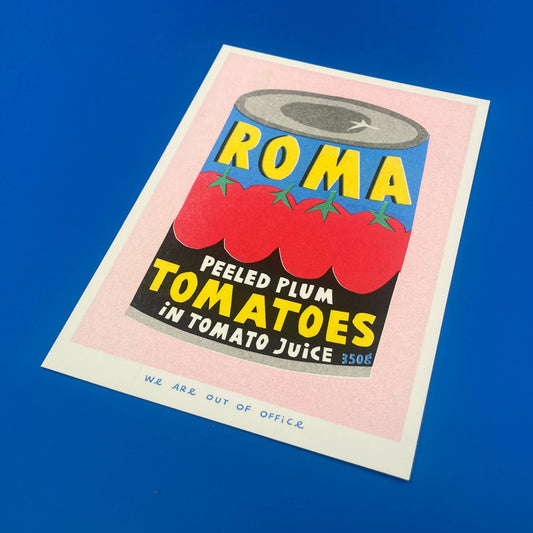 Vintage-style illustration of a can of Roma peeled plum tomatoes on a blue background