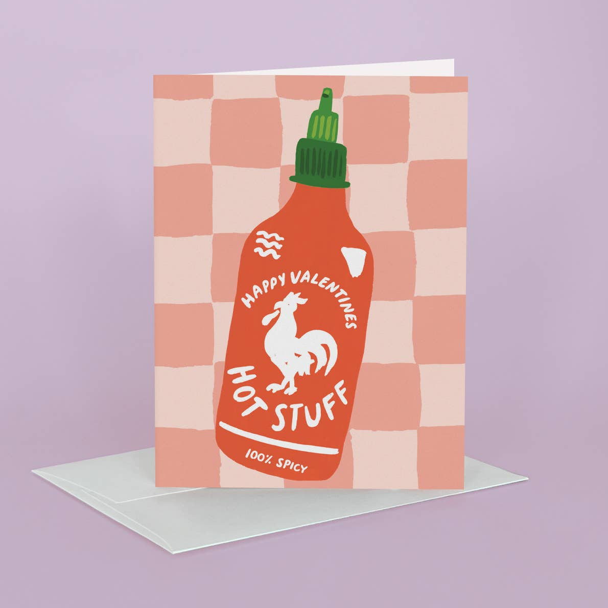 Valentine's Day card with a rooster hot sauce bottle illustration on a checkered background
