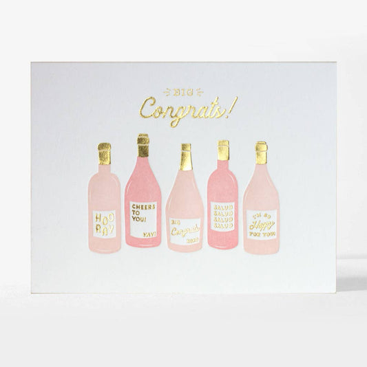 Greeting card with pink rose bottles and 'Congrats!' text on a white background