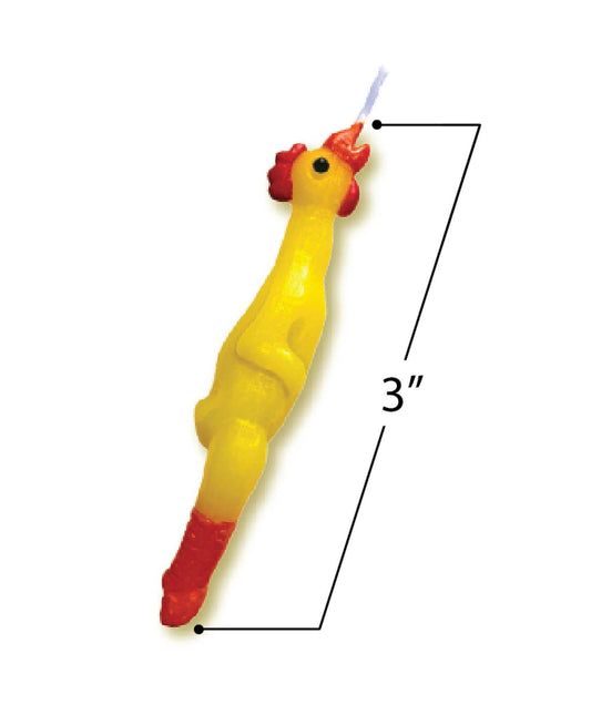 single rubber chicken candle with measurements showing it being 3" tall