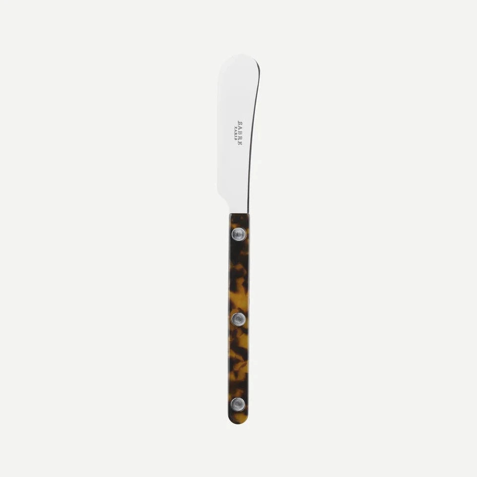 Soft cheese and butter spreader with a shiny, forged metal spreader. The color of the handle is: Faux Tortoise