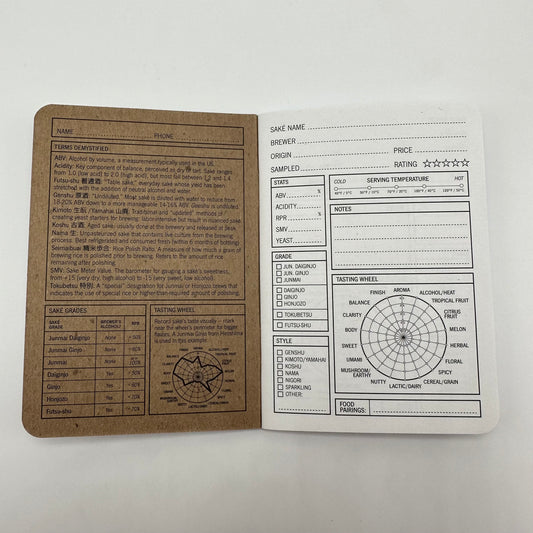 Photo depicting inside pages of journal. Each page features multiple categories for user to complete including, but not limited to: sake name, brewer, grade, style, serving temperature, stats, and a tasting wheel. One page per sake.