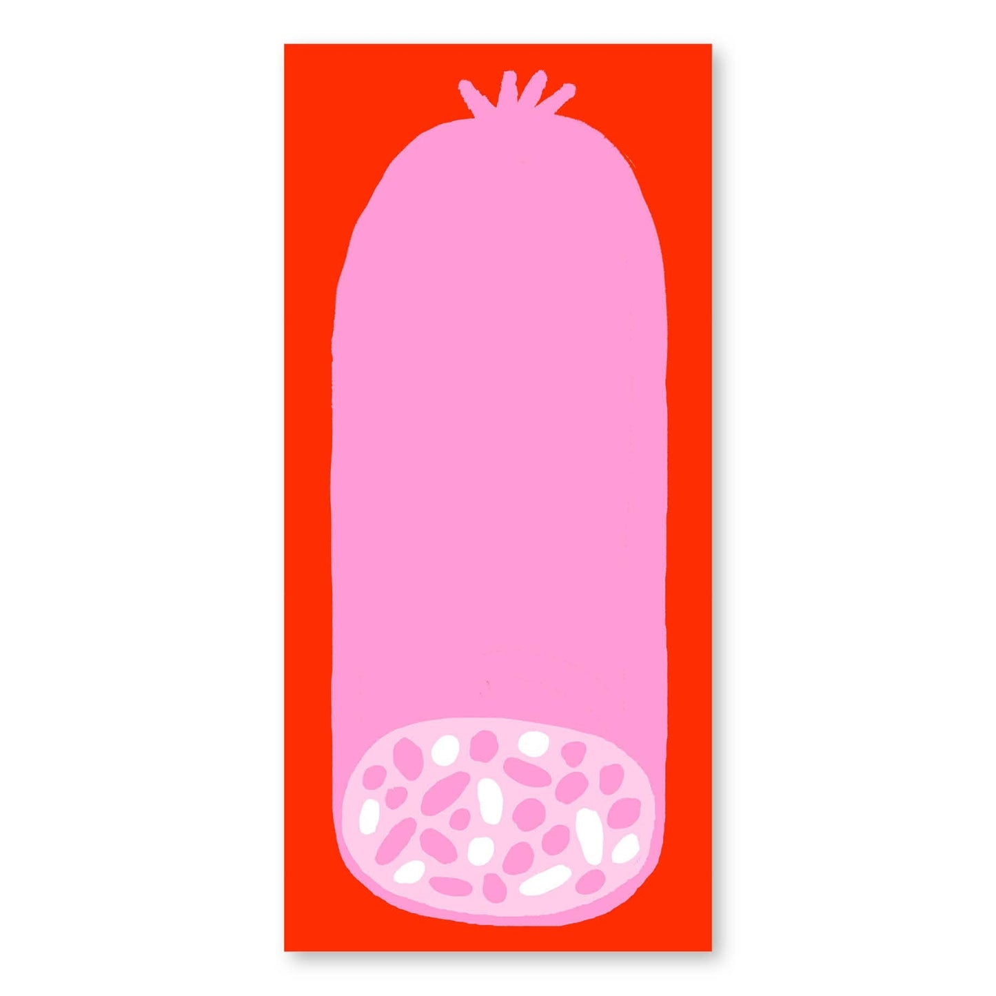 Notepad with salami design and a white circular detail on a red background