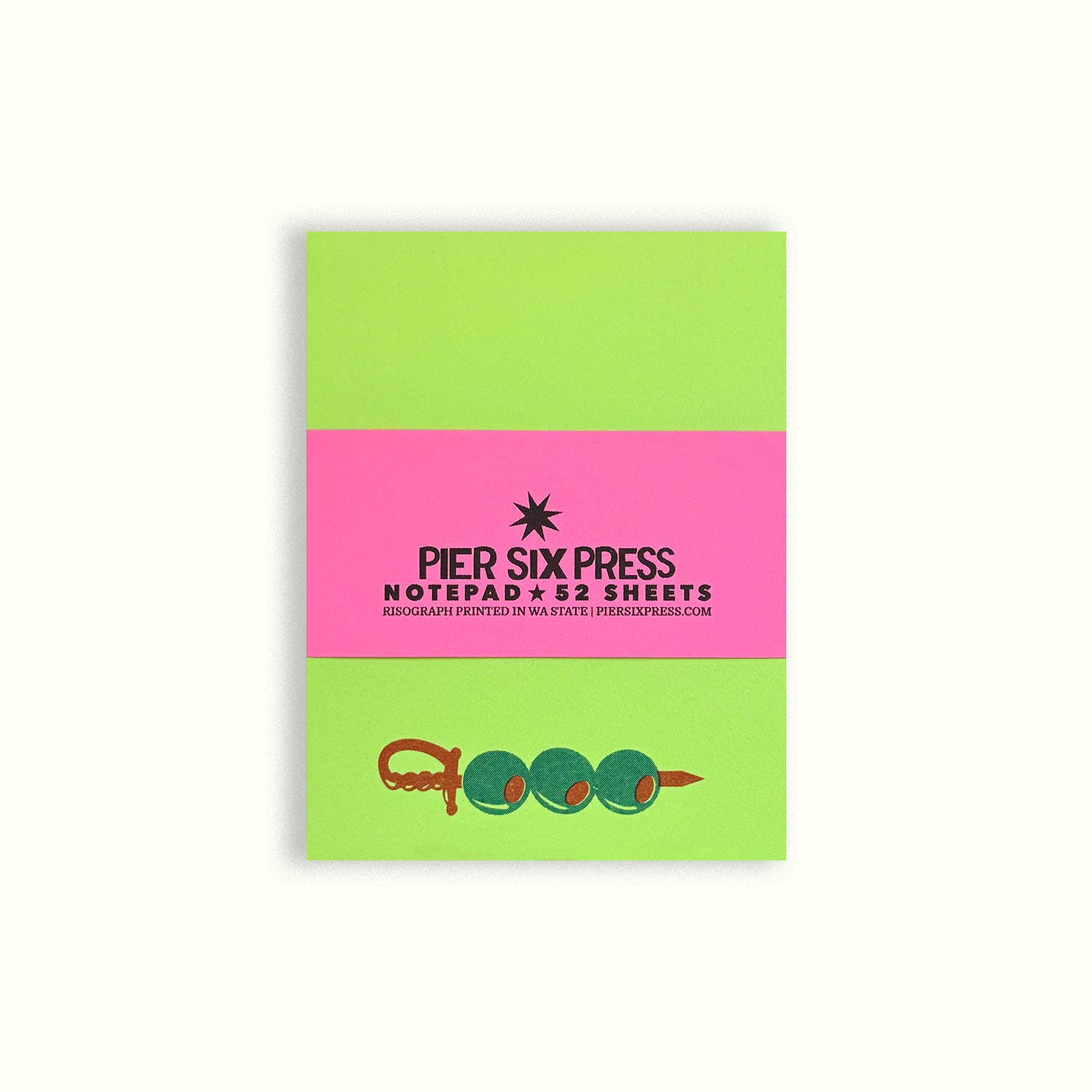 Pier Six Press notepad with green and pink design and a skewer of olives at the bottom on a white background