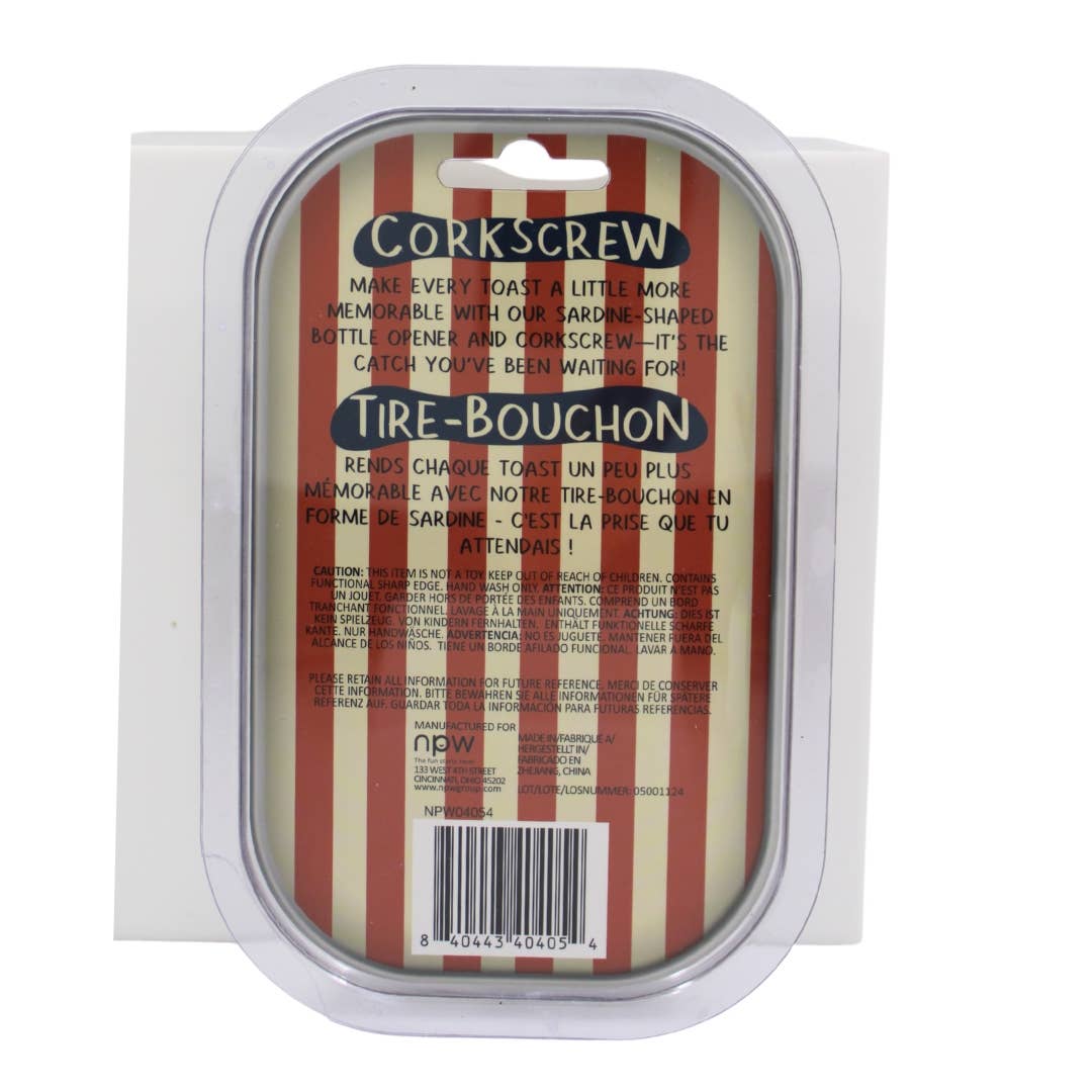 Packaged cork screw with red and white striped design on a white background