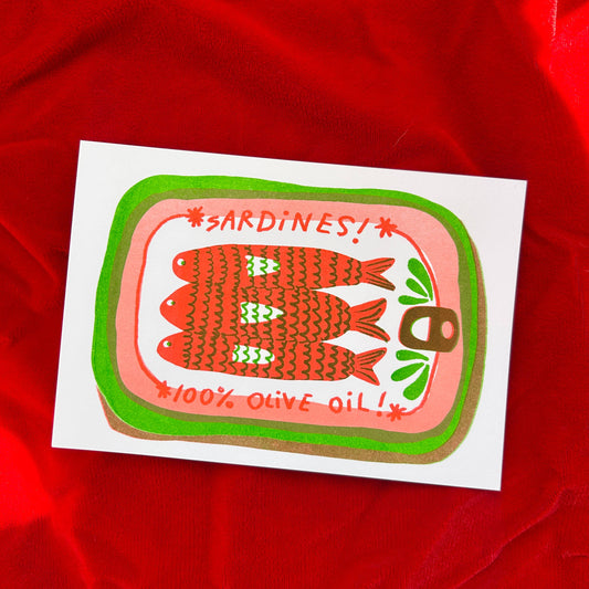 Art print with a green and pink tinned can of sardines design 