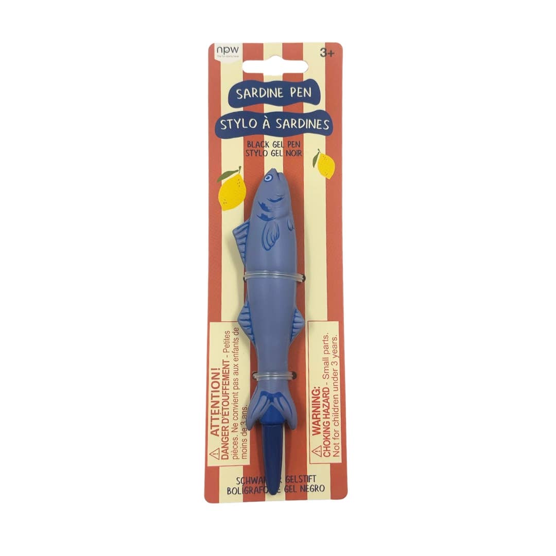 Blue sardine-shaped pen in packaging with brand name on a white background