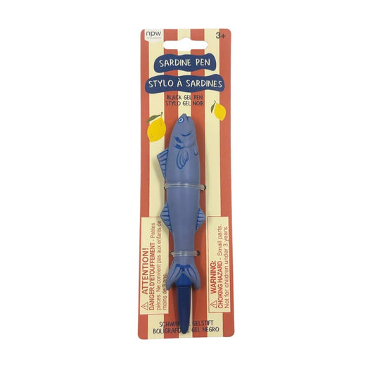 Blue sardine-shaped pen in packaging with brand name on a white background