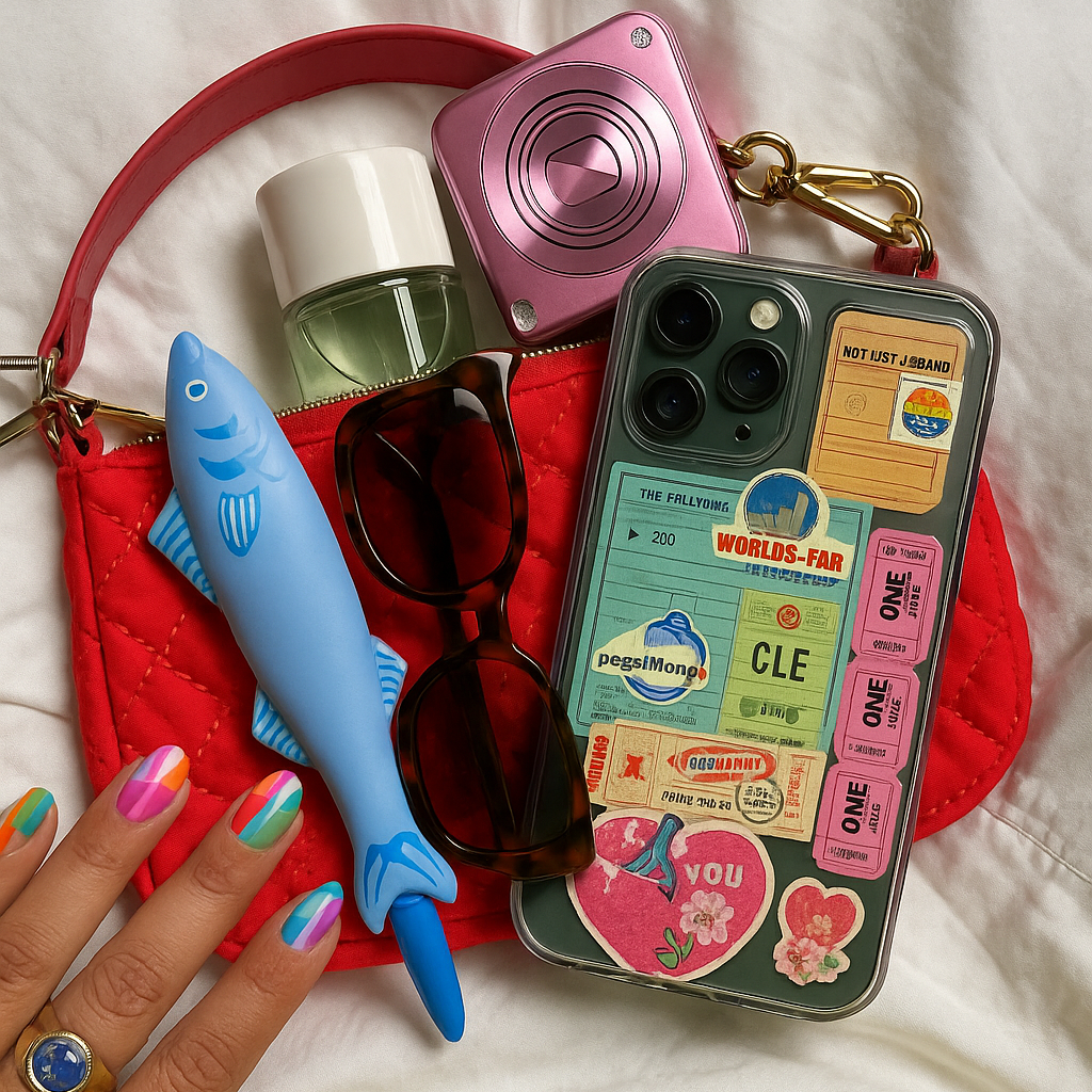 Phone with colorful stickers, sunglasses, sardine-shaped pen and red bag on a white surface