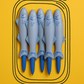 Five blue fish-shaped pens on a yellow background with black outlines