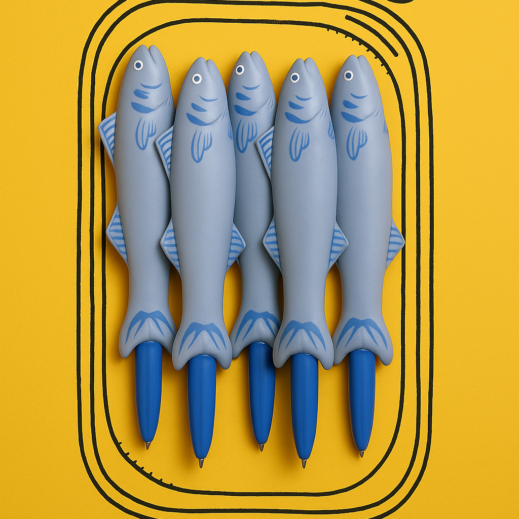 Five blue fish-shaped pens on a yellow background with black outlines