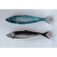 Two ceramic fish figurines on a white background, one with blue-green scales and the other with gray and silver scales.