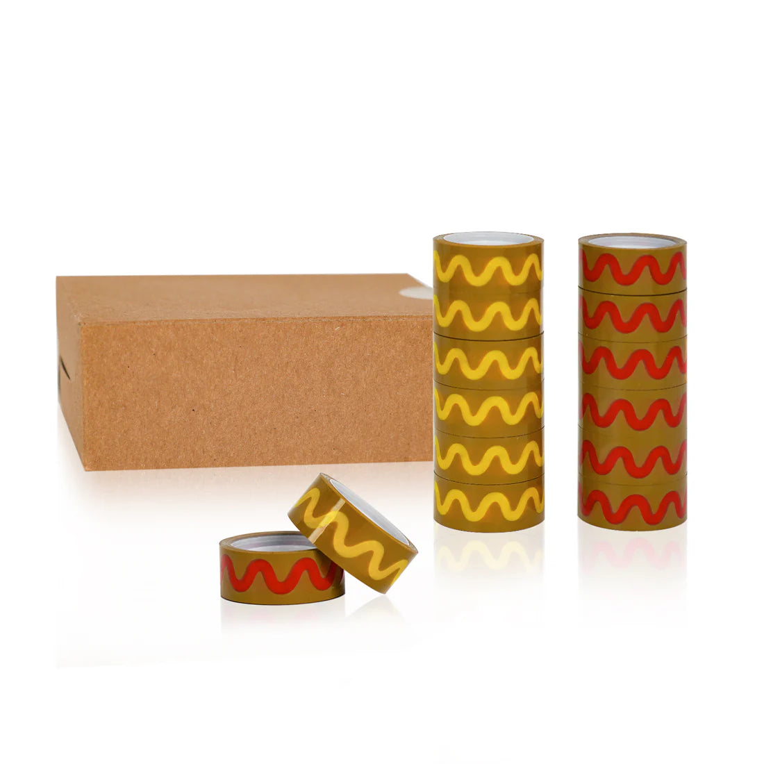 decorative tape with brown background and red "ketchup" or yellow "mustard" squiggle. for use with hot dog tape dispenser.