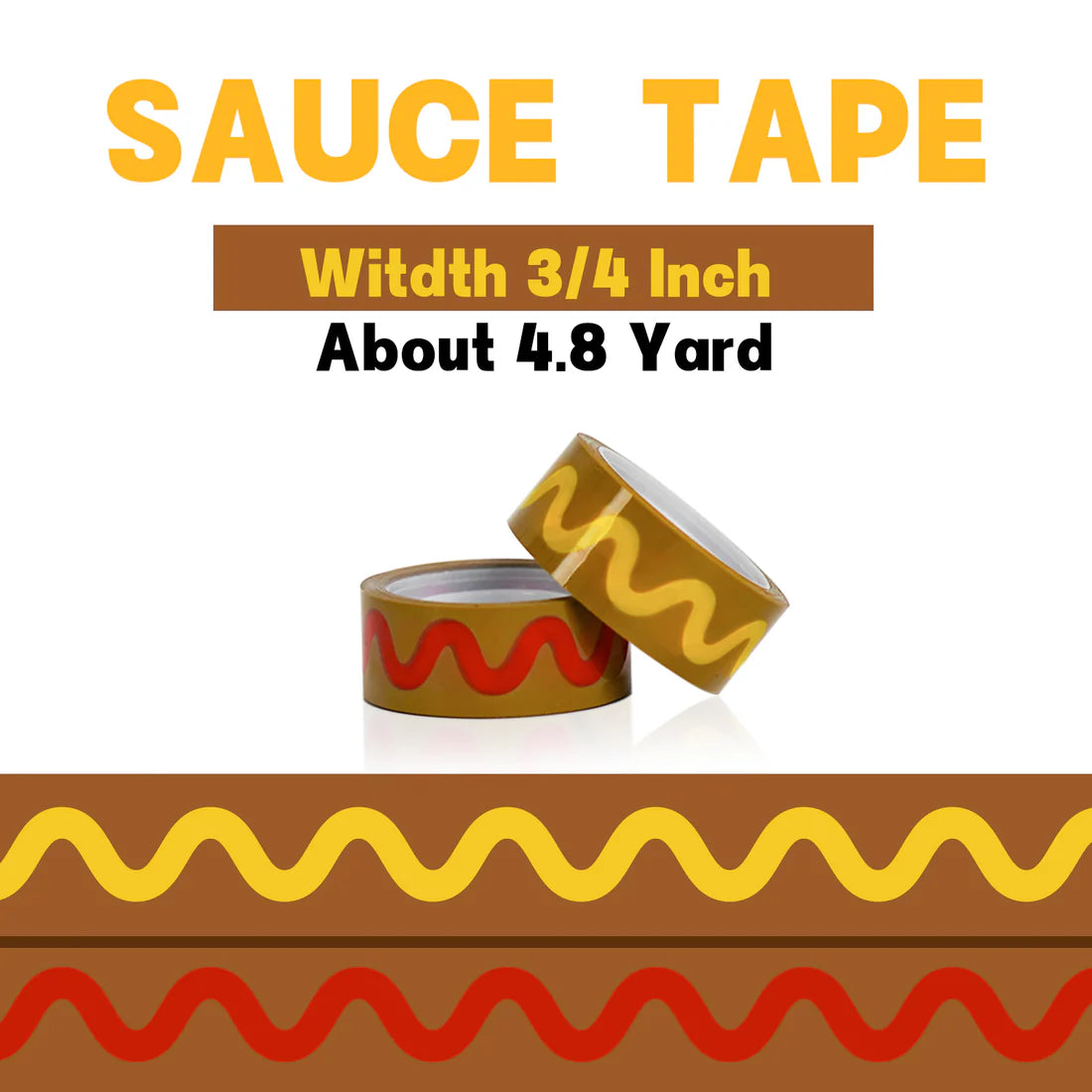 decorative tape with brown background and red "ketchup" or yellow "mustard" squiggle. for use with hot dog tape dispenser.