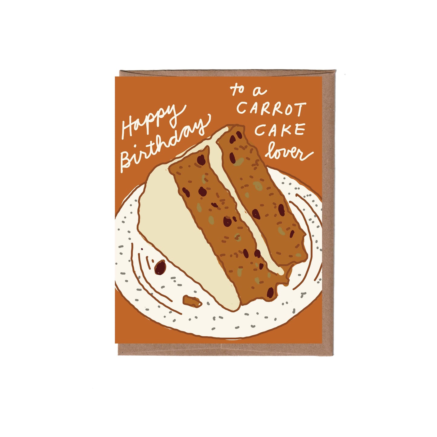 Birthday card with a slice of carrot cake illustration on an orange background. scratch and sniff carrot cake scent 