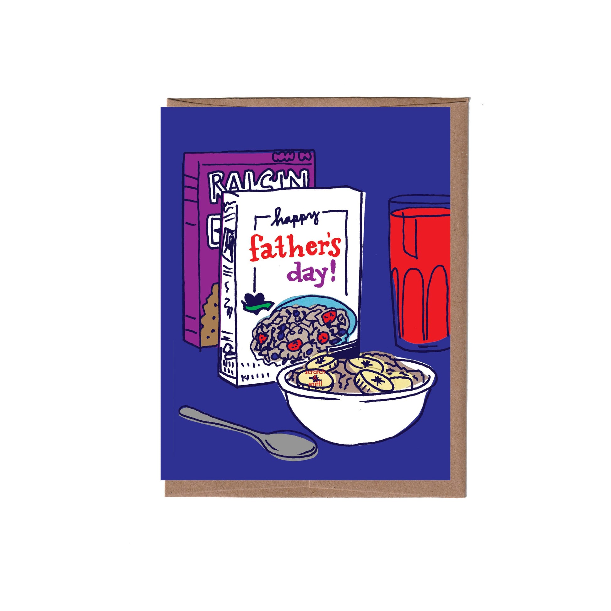 Father's Day card with cereal box, bowl, and glass on a blue background. scratch & sniff card banana scent 