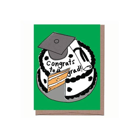 Graduation-themed greeting card with cake illustration and 'Congrats to grad!' text on a green background. scratch and sniff cake scent 