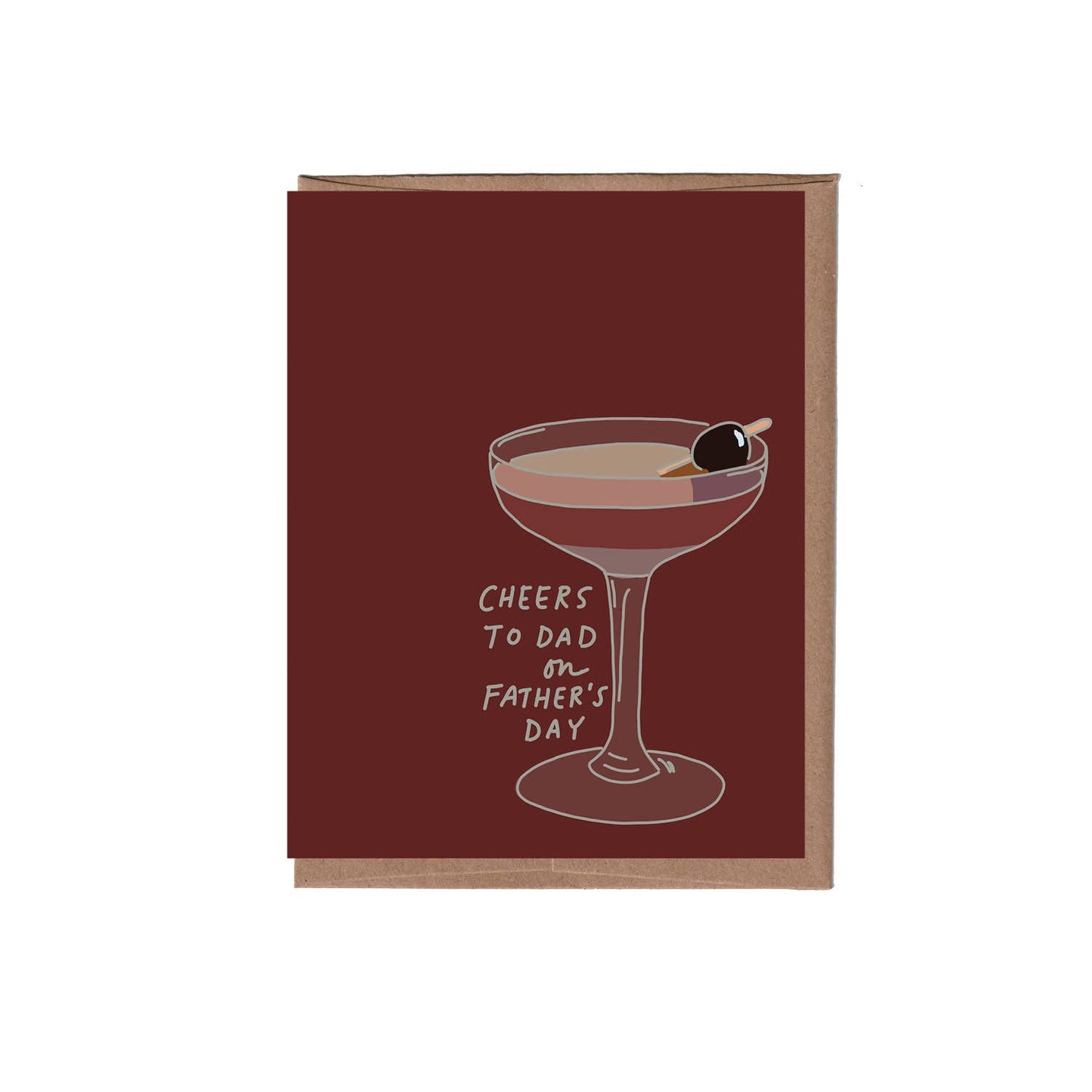 Card with a Manhattan cocktail illustration and 'Cheers to Dad on Father's Day' text on a red background