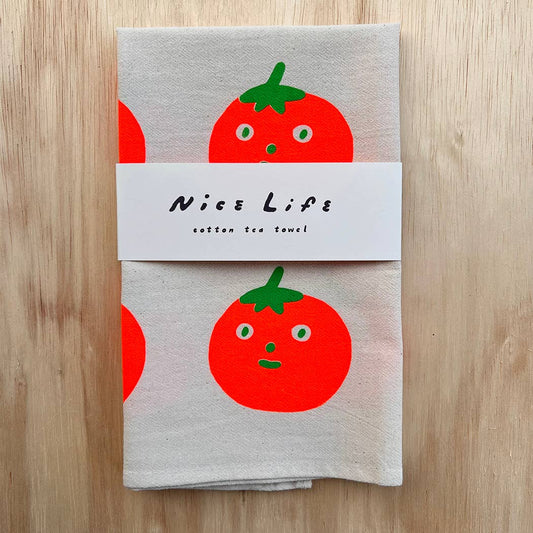 tomato design tea towel, screenprinted by hand in paper band packaging