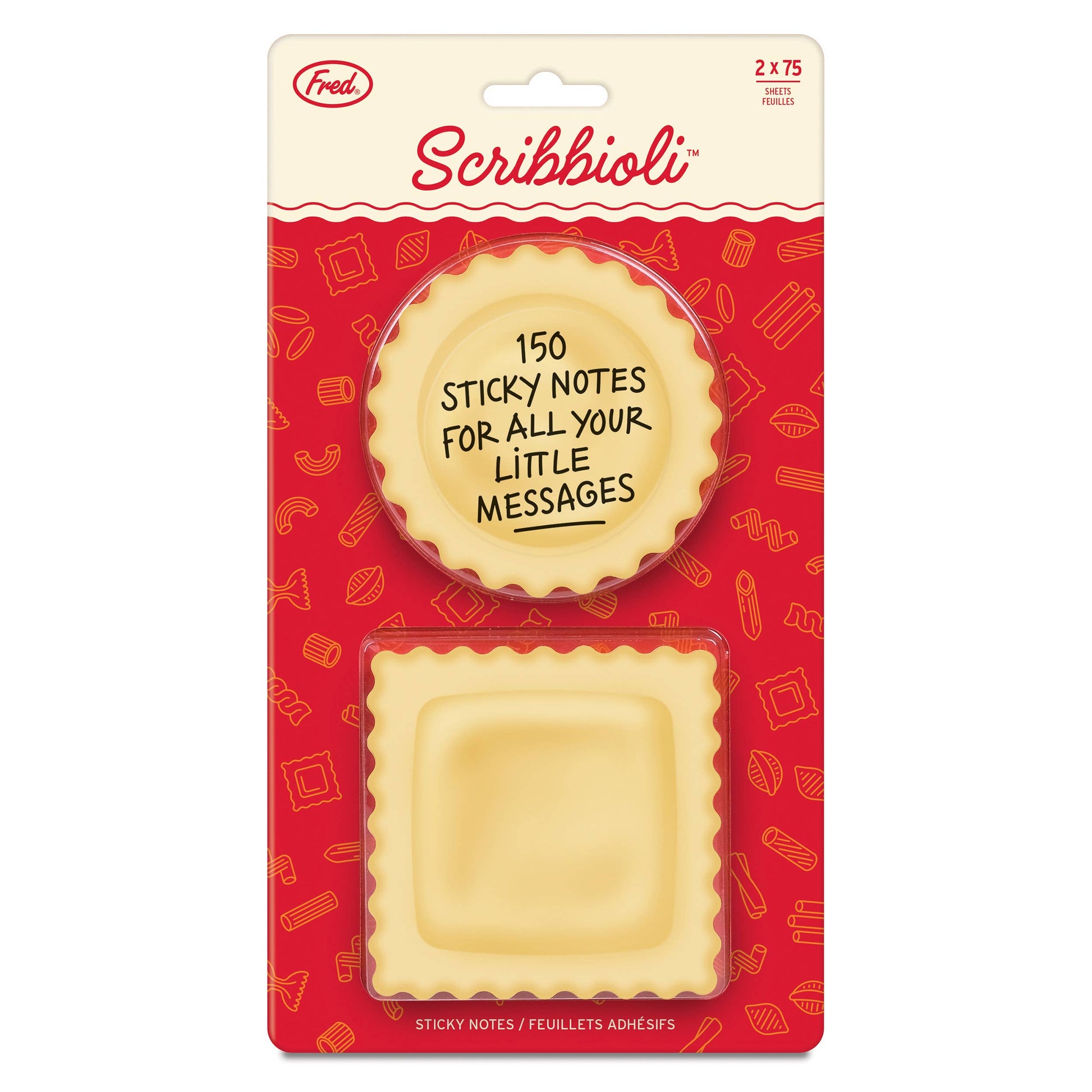 Scribbioli sticky notes packaging with red background and yellow, ravioli shaped sticky notes.