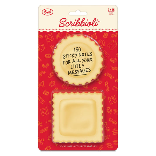 Scribbioli sticky notes packaging with red background and yellow, ravioli shaped sticky notes.
