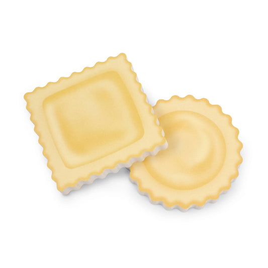 Two ravioli pasta sticky notes on a white background