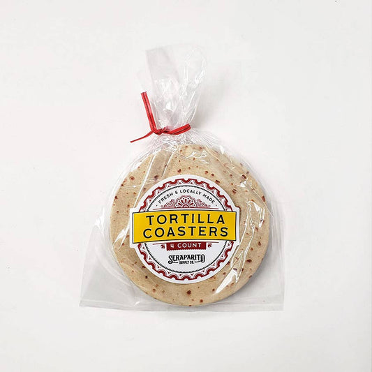 set of 4 tortilla coasters in plastic bag packaging