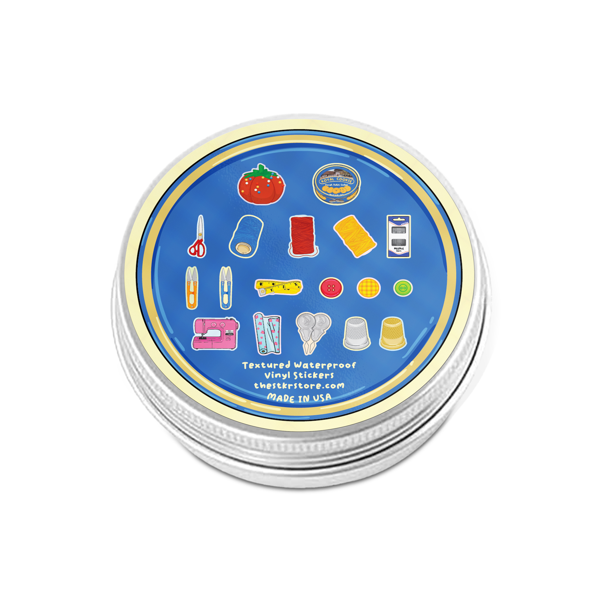 Sticker set in a round metal tin with colorful illustrations of each sticker included on a blue background