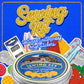 Sewing kit packaging with colorful vinyl stickers on a blue background