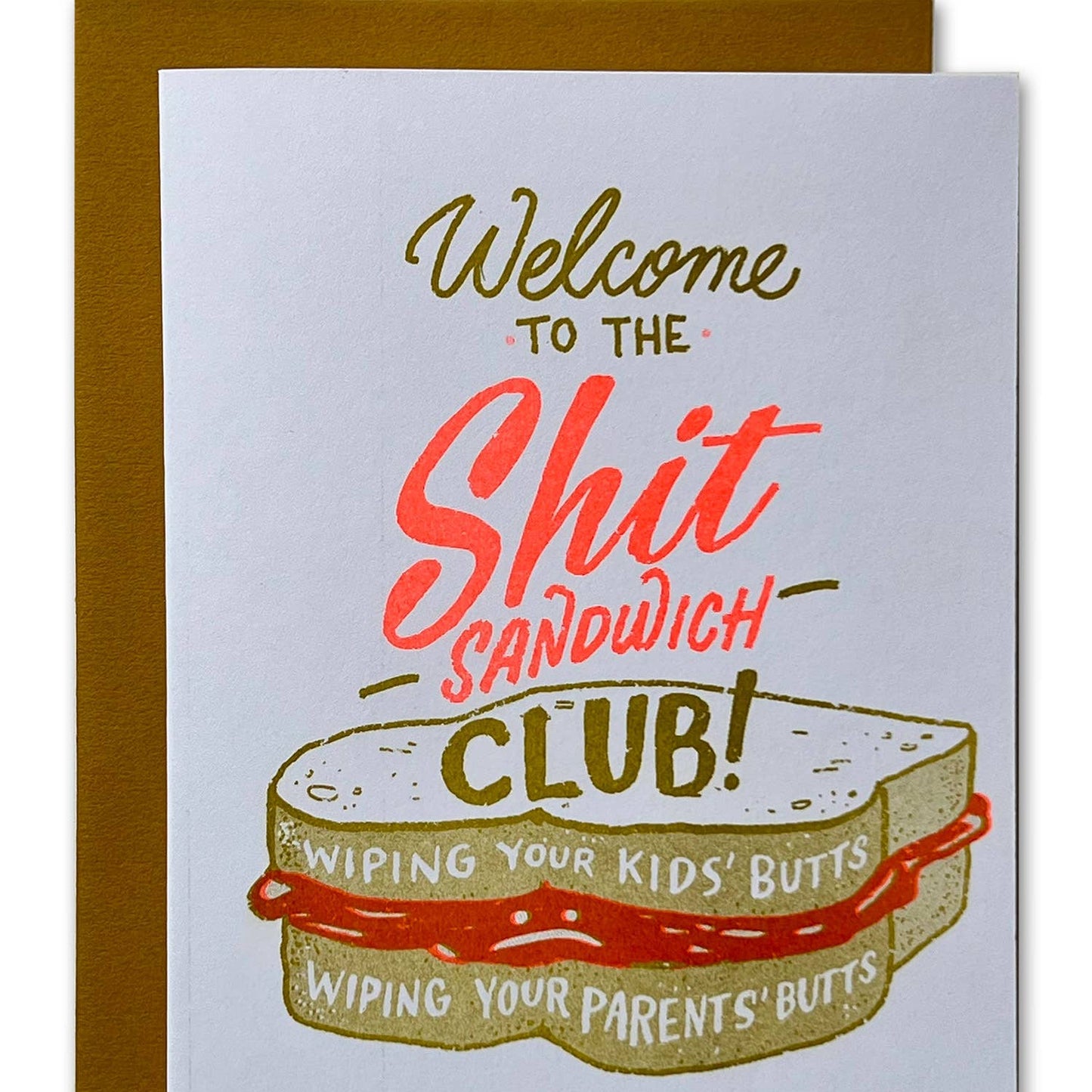 Card with a sandwich graphic and humorous text on a white background
