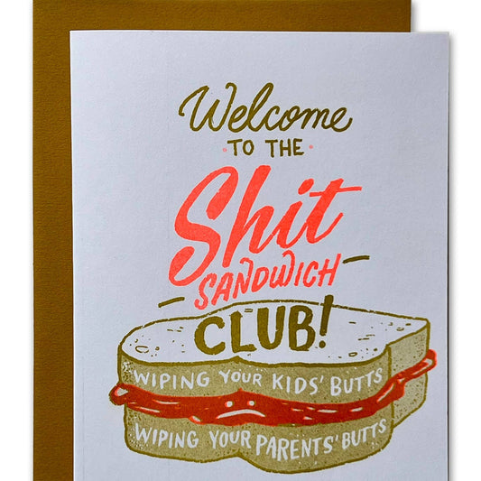 Card with a sandwich graphic and humorous text on a white background
