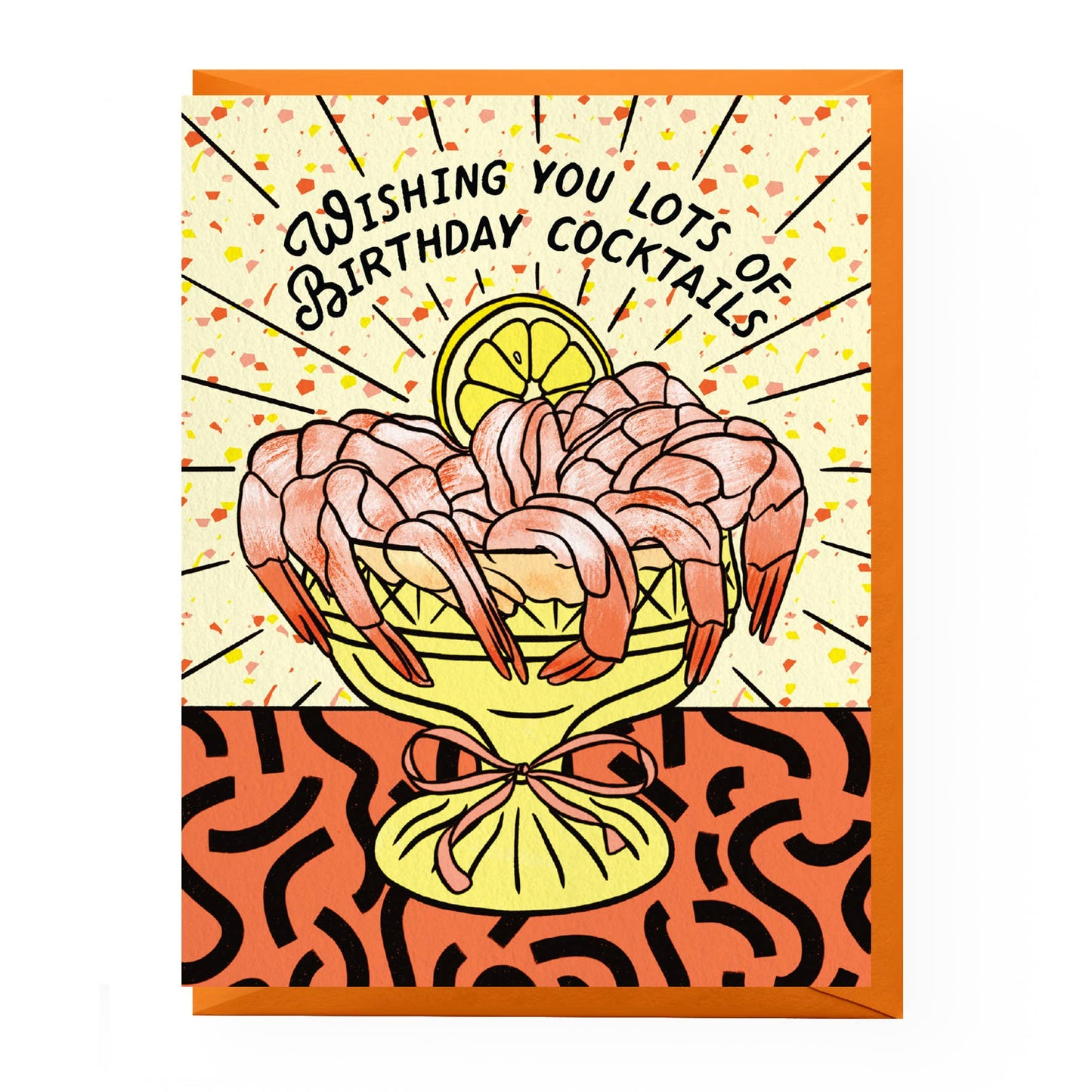 Birthday card with shrimp cocktail illustration and text 'Wishing you lots of birthday cocktails'.