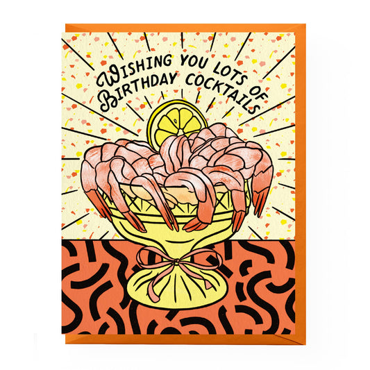 Birthday card with shrimp cocktail illustration and text 'Wishing you lots of birthday cocktails'.