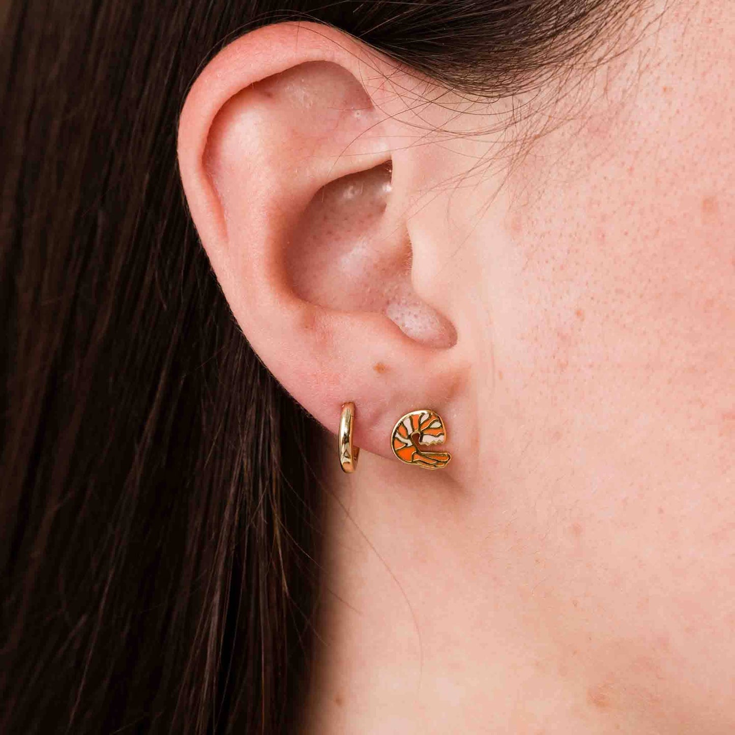Close-up of an ear wearing gold hoop earring and a shrimp stud earring.