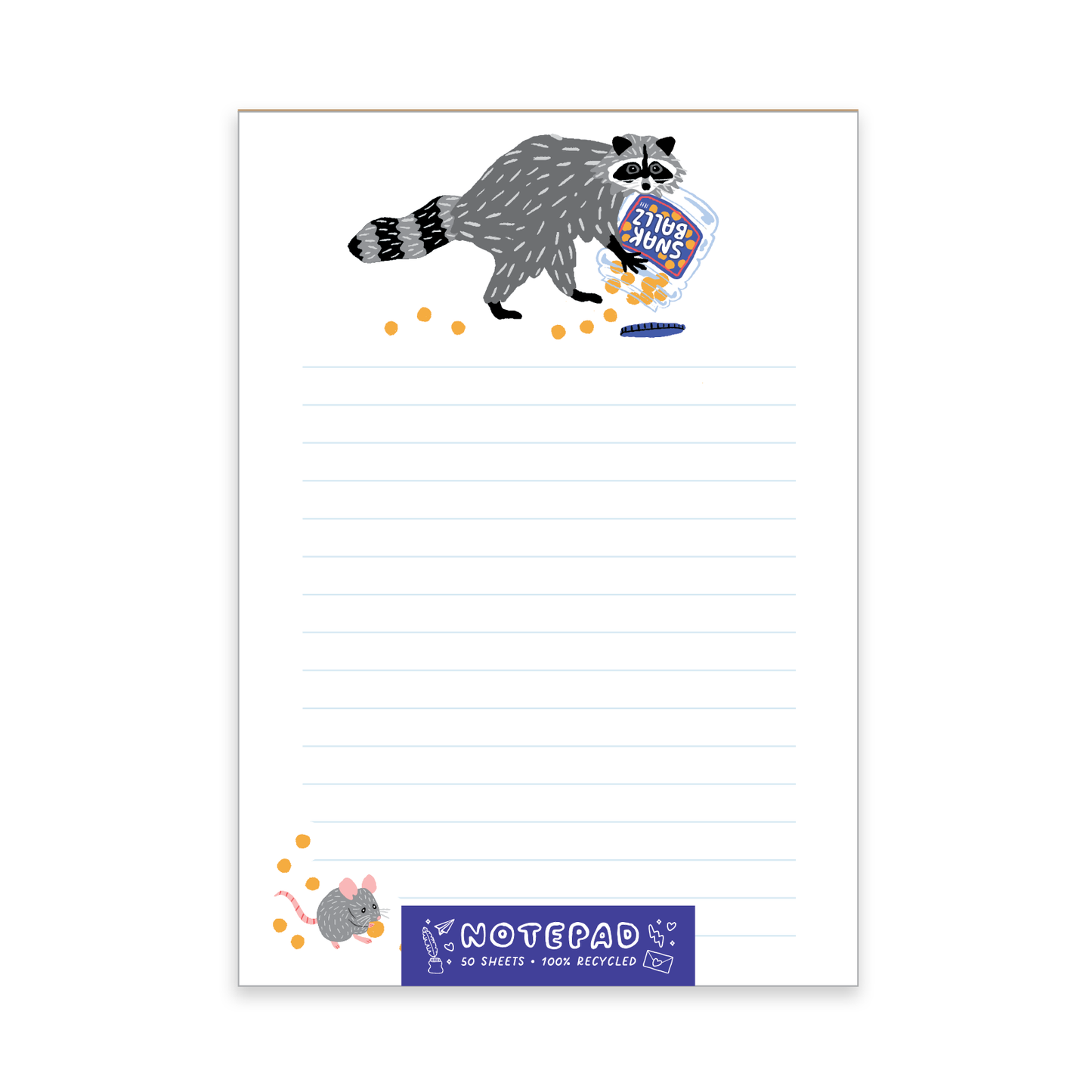 Notepad with a raccoon and snak cheese ballz illustration and colorful design on a white background