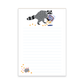 Notepad with a raccoon illustration holding a container of snak cheez ballz and a mouse on the bottom on a white background