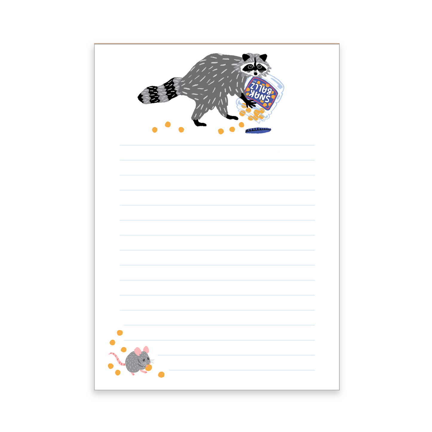 Notepad with a raccoon illustration holding a container of snak cheez ballz and a mouse on the bottom on a white background