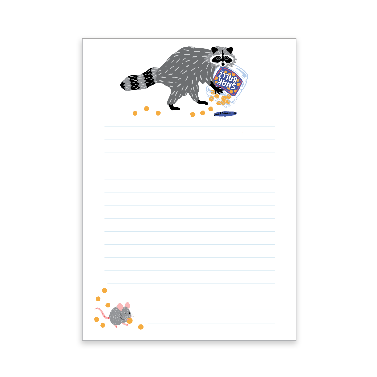 Notepad with a raccoon illustration holding a container of snak cheez ballz and a mouse on the bottom on a white background