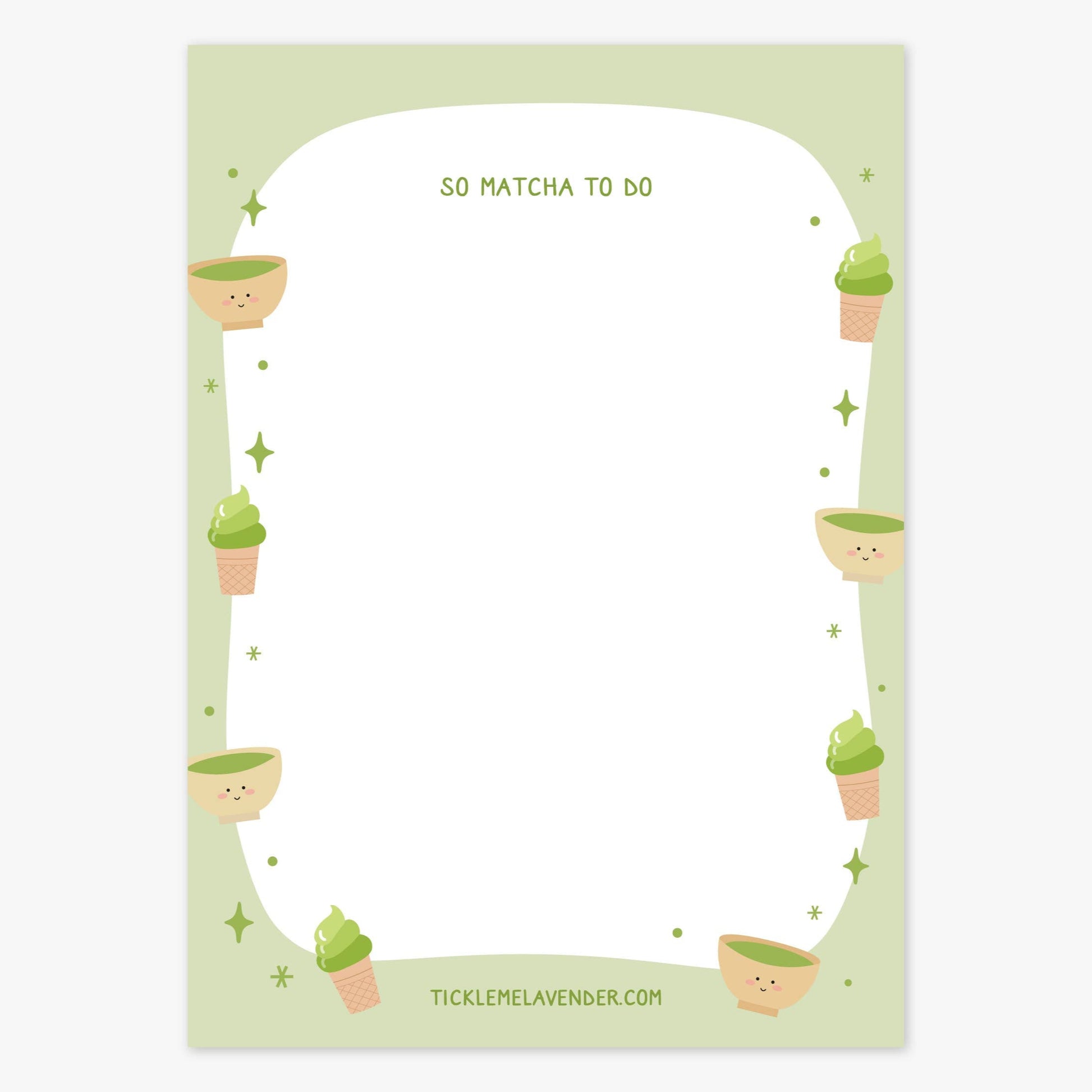 Notebook cover with cartoon matcha cups and 'So Matcha to Do' text on a light green background.
