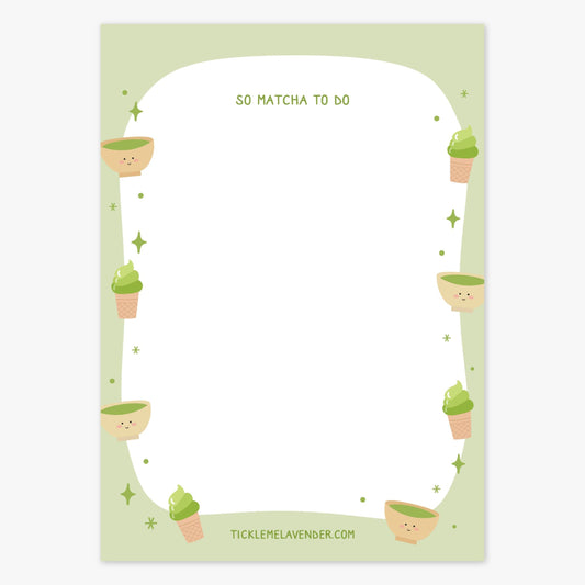 Notebook cover with cartoon matcha cups and 'So Matcha to Do' text on a light green background.