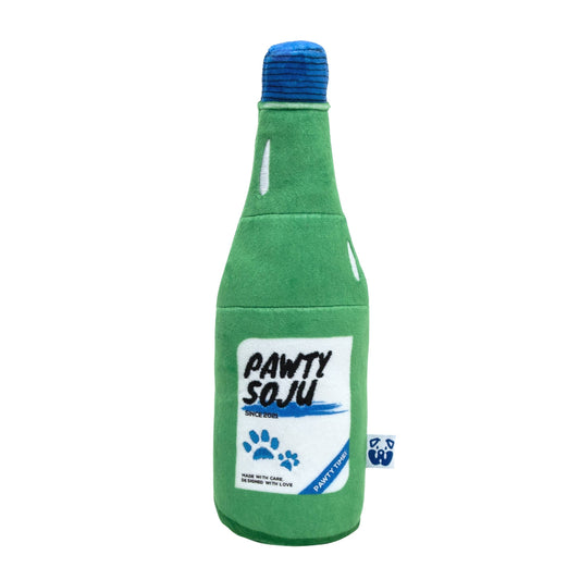 Green soju bottle-shaped dog toy with blue cap and 'Pawty Soju' label on a white background